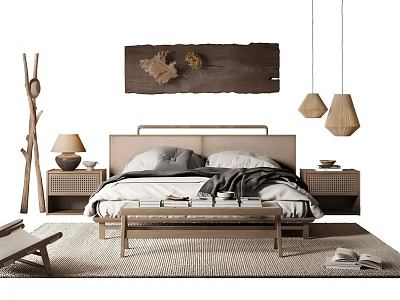 Natural Minimalist Double Bed With Wooden Headboard Woven Nightstands And Pendant Lights 3d model