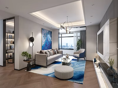 Modern Living Room Interior Design With Sofa Coffee Table Blue Rug And Decorative Painting 3d model