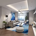Modern Living Room Interior Design With Sofa Coffee Table Blue Rug And Decorative Painting
