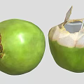Fresh Green Coconut Showcasing Whole Fruit and Opened One with Straw and Spoon