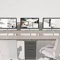 Multiple Computer Monitors Setup On Office Desk With White Chairs And Drawer Cabinet 3d model