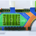 Outdoor Green Soccer Field With Blue And Orange Surroundings Near Buildings And Trees