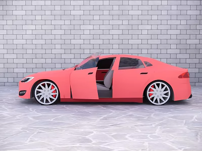 Pink Sedan Car With Open Doors Against Gray Brick Wall On Stone Floor 3d model