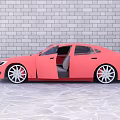 Pink Sedan Car With Open Doors Against Gray Brick Wall On Stone Floor