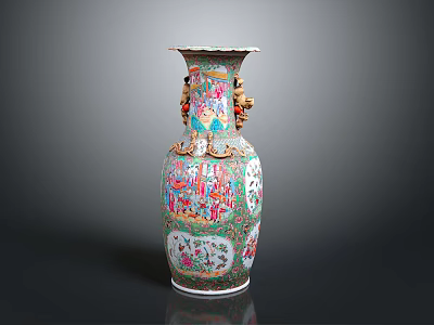 Chinese Antique Vase With Colorful Painted Intricate Figures And Double Ear Handles 3d model