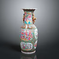 Chinese Antique Vase With Colorful Painted Intricate Figures And Double Ear Handles