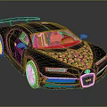 Bugatti Sports Car With Black Body Colorful Floral Patterns Open Doors And Brown Interior