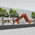 Orange Geometric Structure Entrance Gate With Trees Pedestrians And Vehicles Against Grey Building Background