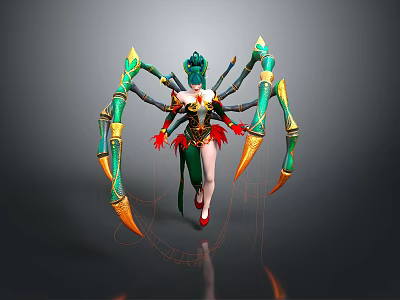 Fantasy Half Spider Character Design With Green Gold Armor Red Accents And Multiple Legs 3d model