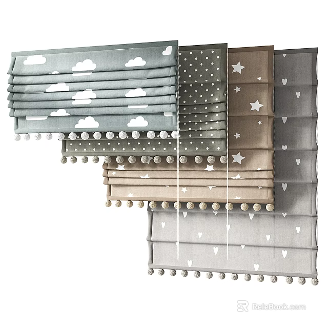 Roman Shades With Cloud Star Dot Heart Patterns And Pom Poms 3d model 