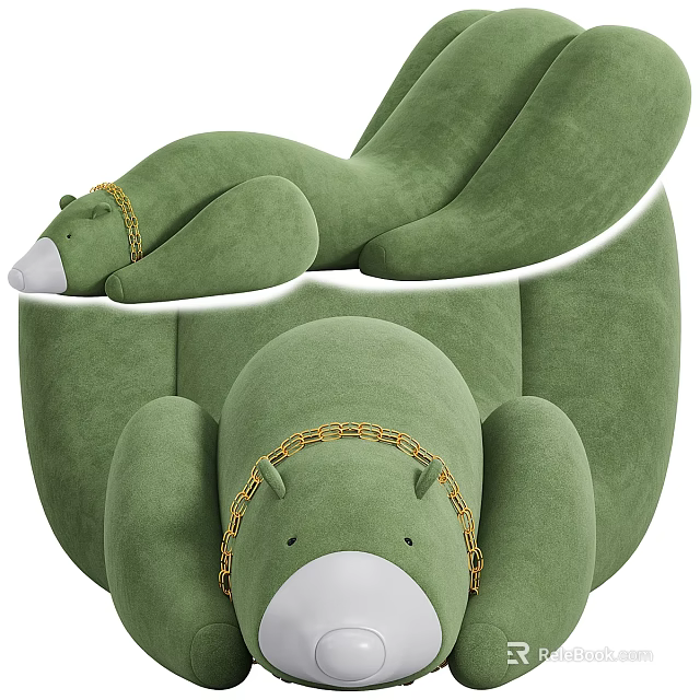 Green Bear Shaped Lounge Chair With Soft Material And Gold Chain Accent Design 3d model 