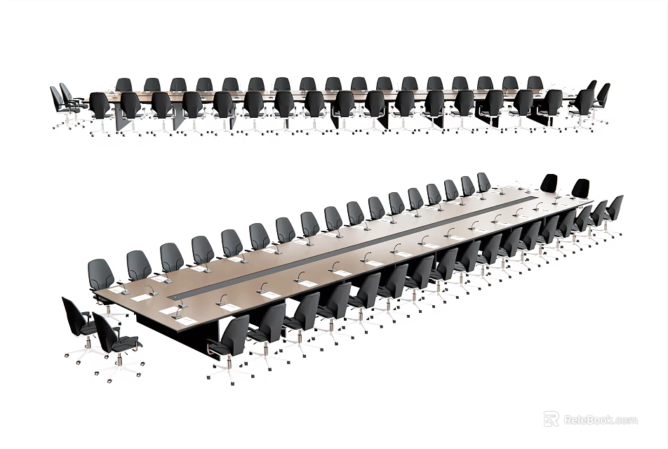 Large Rectangular Conference Table With Black Office Chairs For Meeting Room Setup 3d model