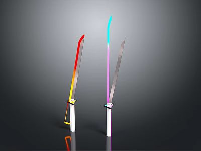 Two Swords With Gradient Blades Red Yellow And Blue Purple White Handles Dark Background 3d model