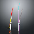 Two Swords With Gradient Blades Red Yellow And Blue Purple White Handles Dark Background