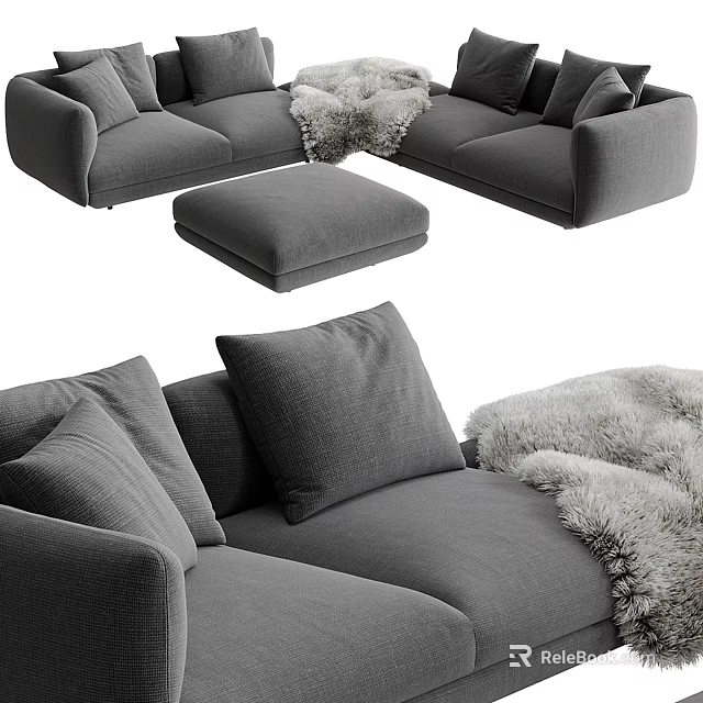 Gray Sectional Sofa With Ottoman Plush Pillows And Soft Fur Throw 3d model 