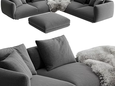 Gray Sectional Sofa With Ottoman Plush Pillows And Soft Fur Throw 3d model