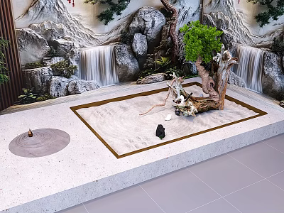 Zen Garden Feature Design With Raked Sand Driftwood Potted Tree And Waterfall Backdrop 3d model