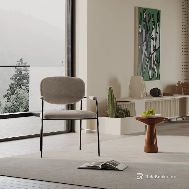 Gray Upholstered Dining Chair with Black Metal Frame in Modern Interior Space 3d model 