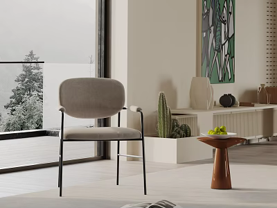 Gray Upholstered Dining Chair with Black Metal Frame in Modern Interior Space 3d model