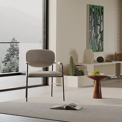 Gray Upholstered Dining Chair with Black Metal Frame in Modern Interior Space 3d model