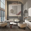Modern Living Room Interior With Large Windows Blinds Gray Sofa Round Armchairs And Coffee Table