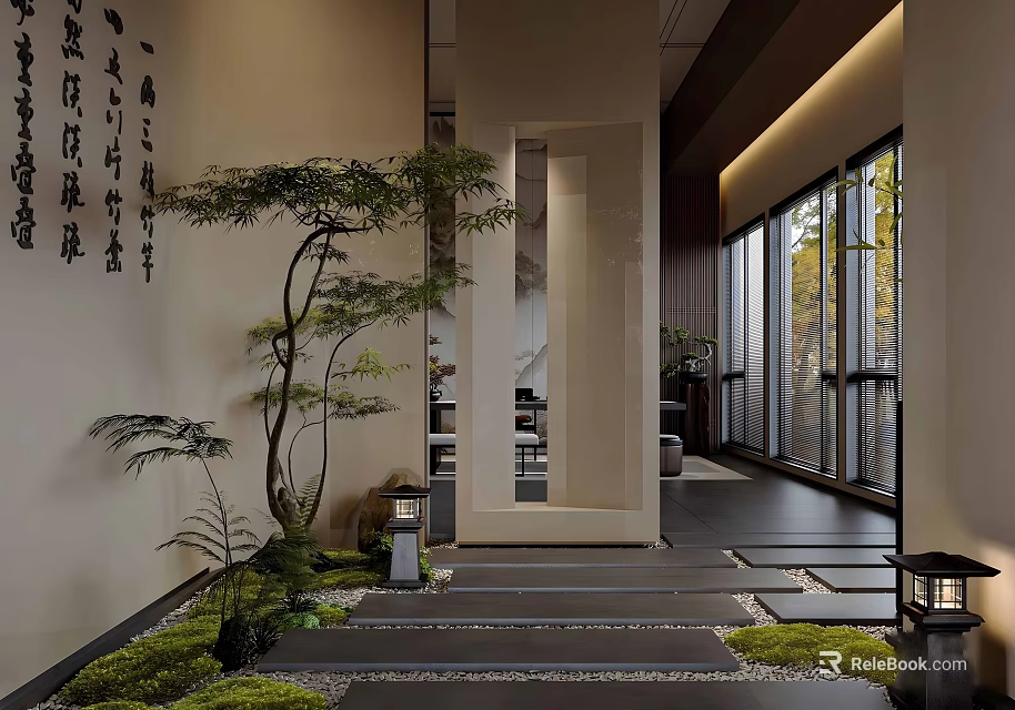 Traditional Chinese Teahouse Courtyard With Stone Path Pine Tree And Calligraphy Wall 3d model 