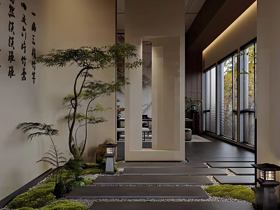 Traditional Chinese Teahouse Courtyard With Stone Path Pine Tree And Calligraphy Wall 3d model