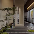 Traditional Chinese Teahouse Courtyard With Stone Path Pine Tree And Calligraphy Wall