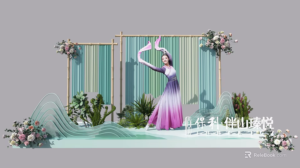 Traditional Stage With Dancer In Gradient Purple Dress Pink Fan Bamboo Frame And Floral Decorations 3d model 