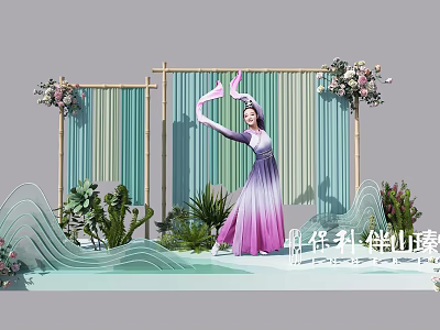 Traditional Stage With Dancer In Gradient Purple Dress Pink Fan Bamboo Frame And Floral Decorations 3d model