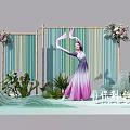 Traditional Stage With Dancer In Gradient Purple Dress Pink Fan Bamboo Frame And Floral Decorations