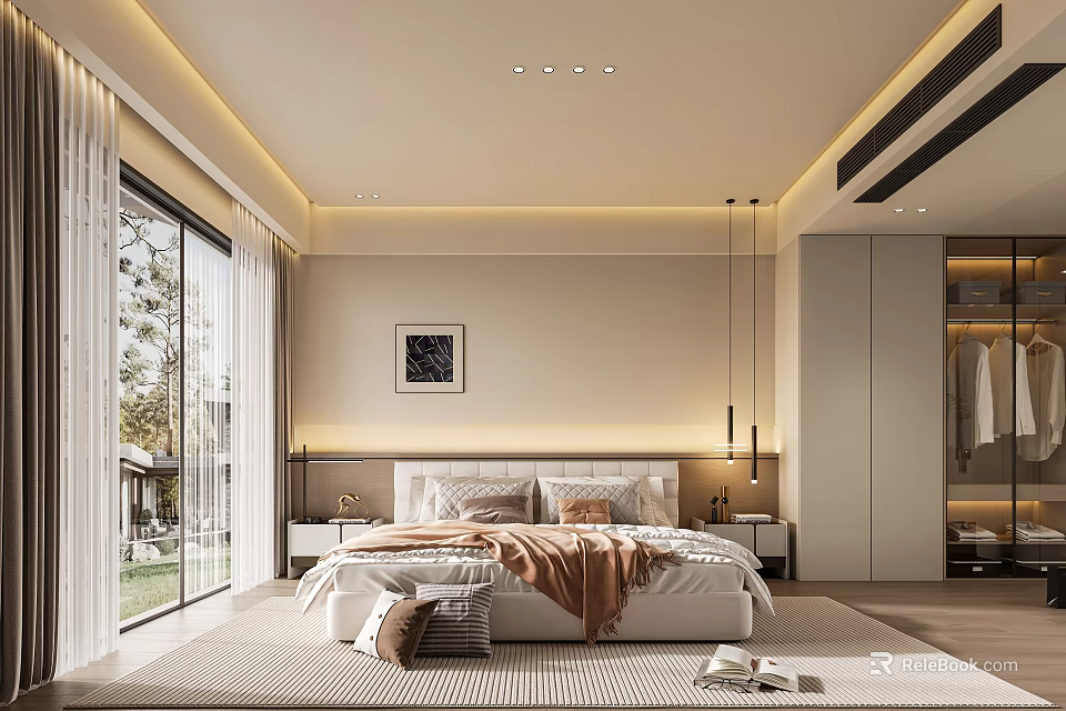 Modern Bedroom Interior With Large Bed Soft Lighting And Floor to Ceiling Windows 3d model 