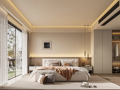 Modern Bedroom Interior With Large Bed Soft Lighting And Floor to Ceiling Windows 3d model