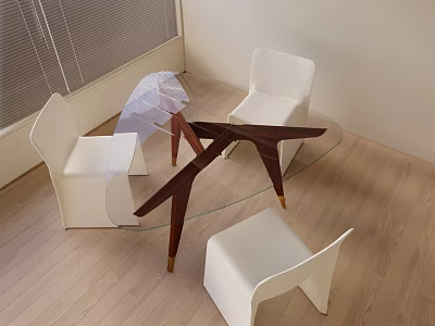 Modern Dining Table Set With Glass Top Wooden Legs And White Chairs 3d model