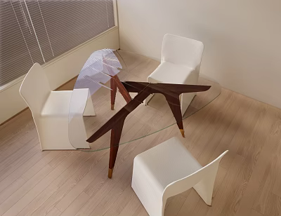 Modern Dining Table Set With Glass Top Wooden Legs And White Chairs 3d model