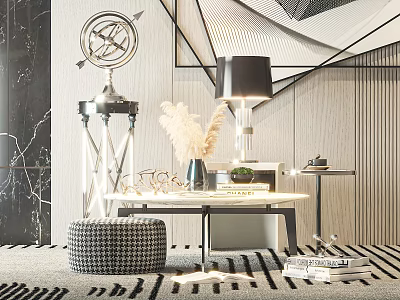 Modern Living Room Coffee Table With Decorative Lamp And Patterned Rug And Small Stool 3d model