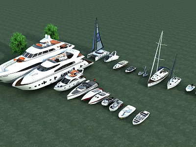 Various Types And Sizes Of Yachts Including Sailboats Displayed On Green Surface 3d model