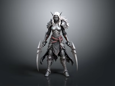 Fantasy Armored Warrior With White Hair Horned Helmet And Dual Scimitars 3d model