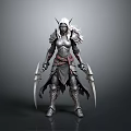 Fantasy Armored Warrior With White Hair Horned Helmet And Dual Scimitars
