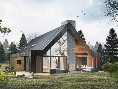 Modern Detached House with Black Roof Large Windows Stone Chimney Surrounded by Trees and Grass 3d model