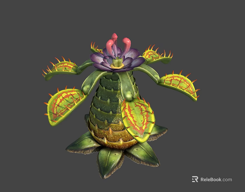 Unique Exotic Plant Featuring Purple Flower Green Spiky Leaves and Scaly Stem 3d model 