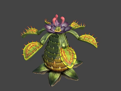 Unique Exotic Plant Featuring Purple Flower Green Spiky Leaves and Scaly Stem 3d model