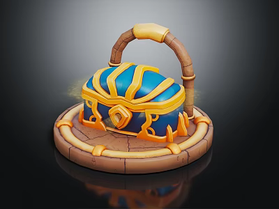Cartoon Style Fantasy Treasure Chest With Blue Gold Finish And Curved Handle On Circular Base 3d model