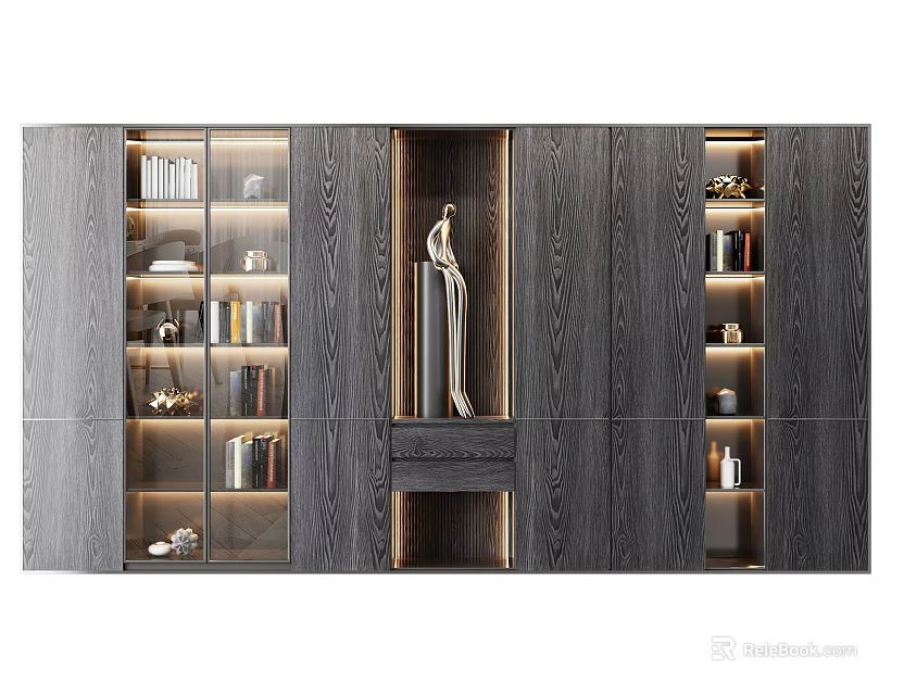 Modern Wooden Bookcase With Glass Doors Open Compartments And Decorative Items 3d model 