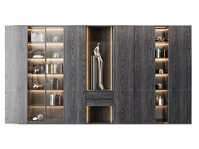 Modern Wooden Bookcase With Glass Doors Open Compartments And Decorative Items 3d model