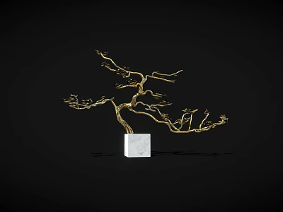 Artistic Golden Branch Sculpture With White Cube Base On Black Background 3d model