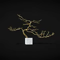 Artistic Golden Branch Sculpture With White Cube Base On Black Background