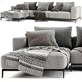 Modern Gray Fabric Sectional Sofa With Checkered Pillows And Knitted Throws 3d model