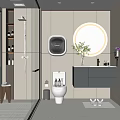 Modern Bathroom Interior Design With Glass Shower Round Illuminated Mirror Wall-Mounted Toilet And Dark Vanity