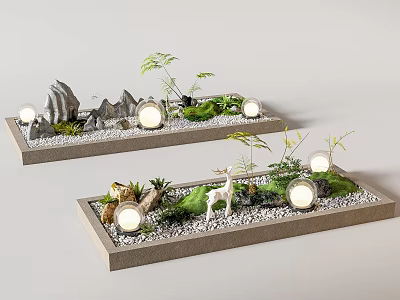 Indoor Landscape Rectangular Tray With Rock Formations Green Plants Deer Figurine Round Lights And Pebbles 3d model